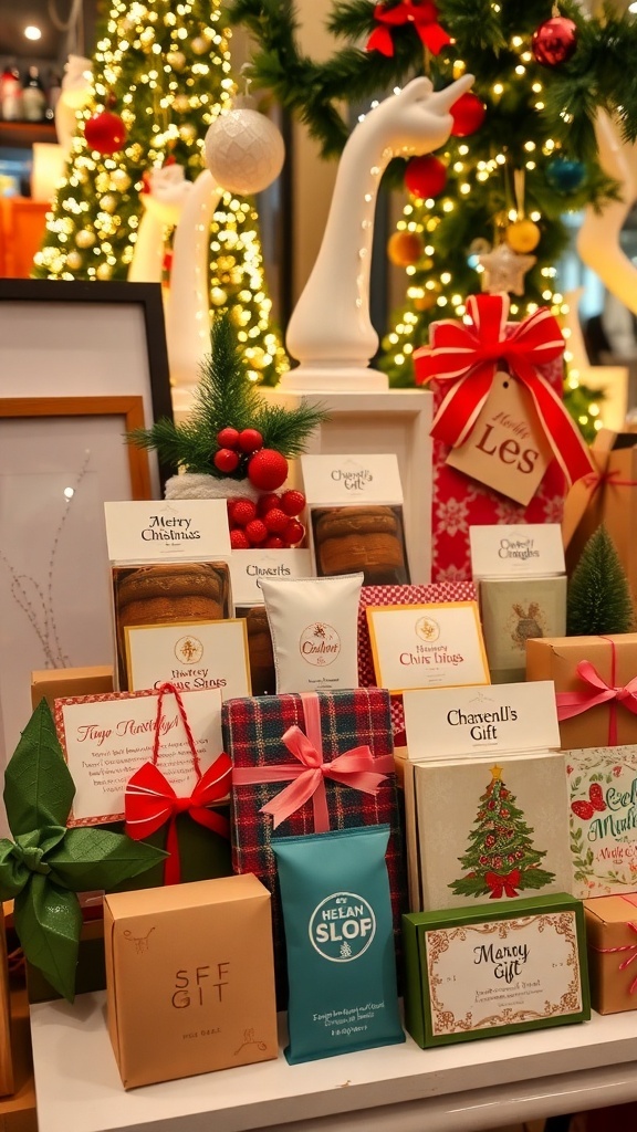 A collection of unique Christmas gifts including personalized jewelry, handmade crafts, and experience vouchers, set against a festive backdrop.